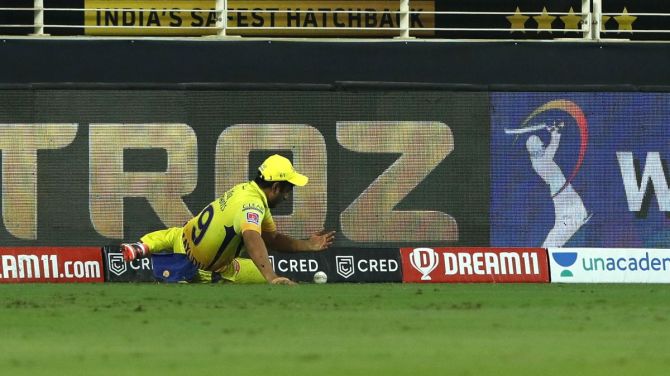 Chennai Super Kings' Ambati Rayudu tries to cut the ball during the match against Kolkata Knight Riders on the 29th October 2020. 