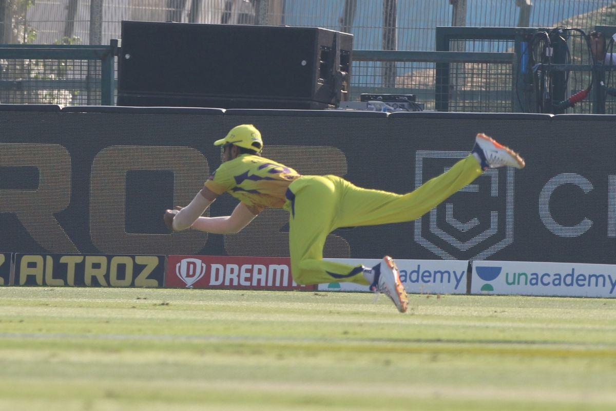 Chennai Super Kings' Ruturaj Gaikwad takes a catch to dismiss Kings XI Punjab's James Neesham on the November 1, 2020