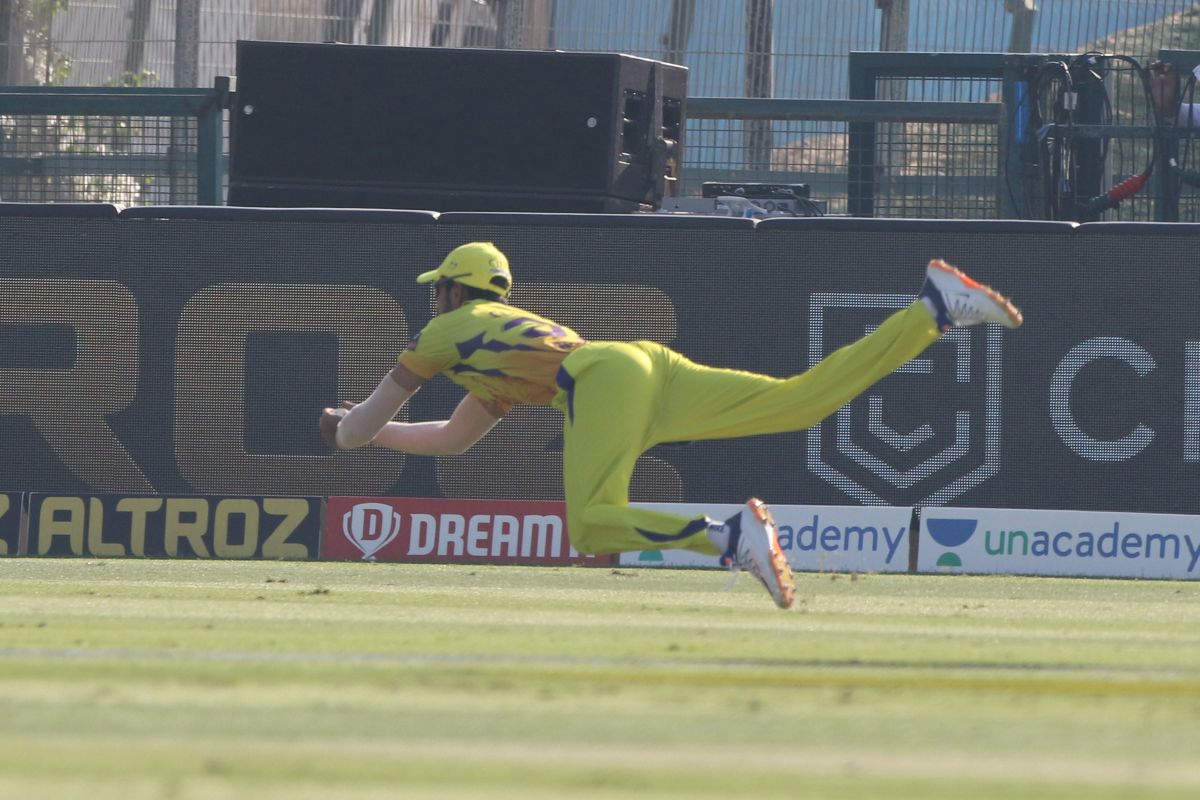 Chennai Super Kings' Ruturaj Gaikwad takes a catch to dismiss Kings XI Punjab's James Neesham on the November 1, 2020