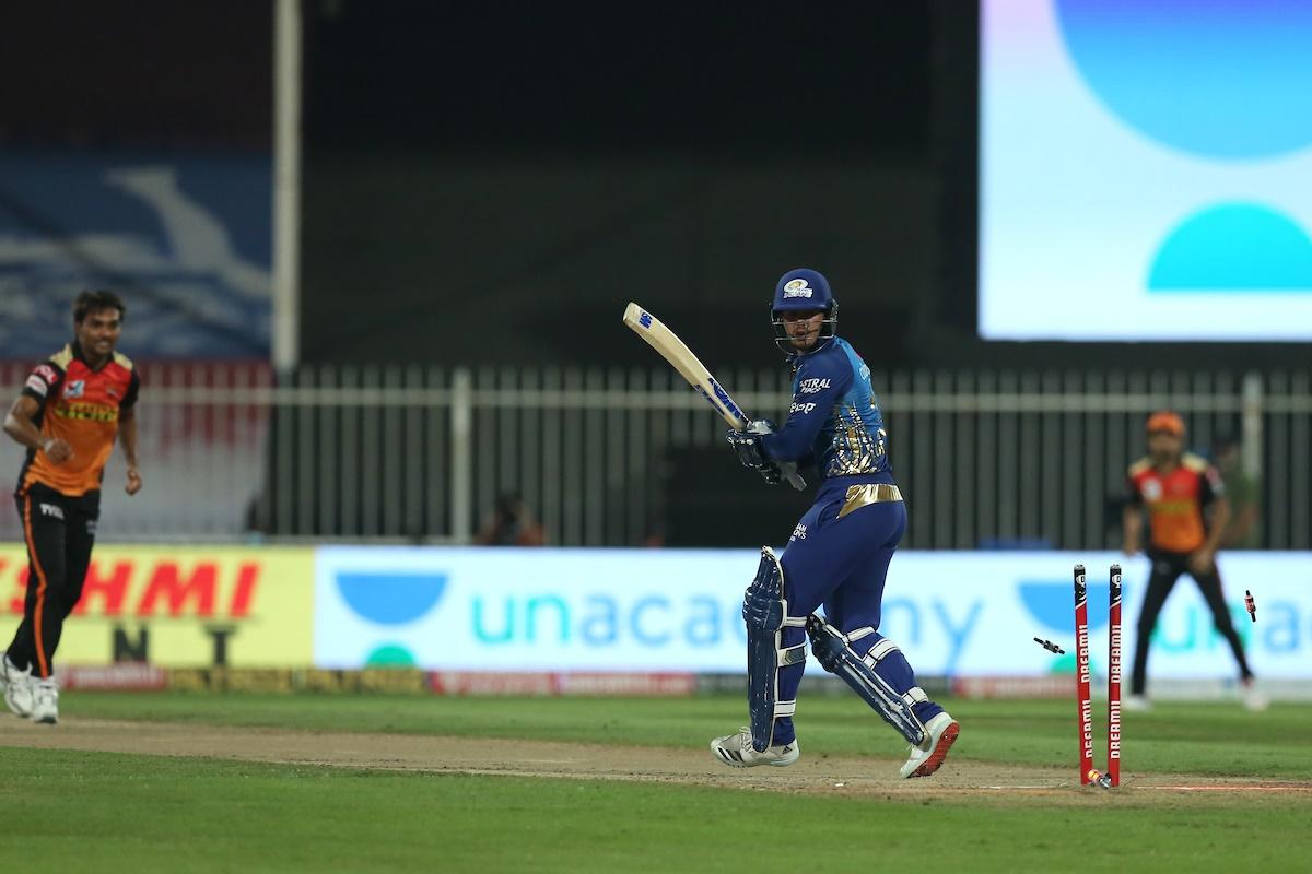 Mumbai Indians opener Quinton de Kock is bowled by Sandeep Sharma