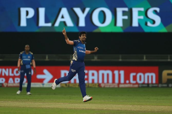 Mumbai Indians pacer Jasprit Bumrah celebrates the wicket of Delhi Capitals batsman Daniel Sams in the IPL match in Dubai on Thursday