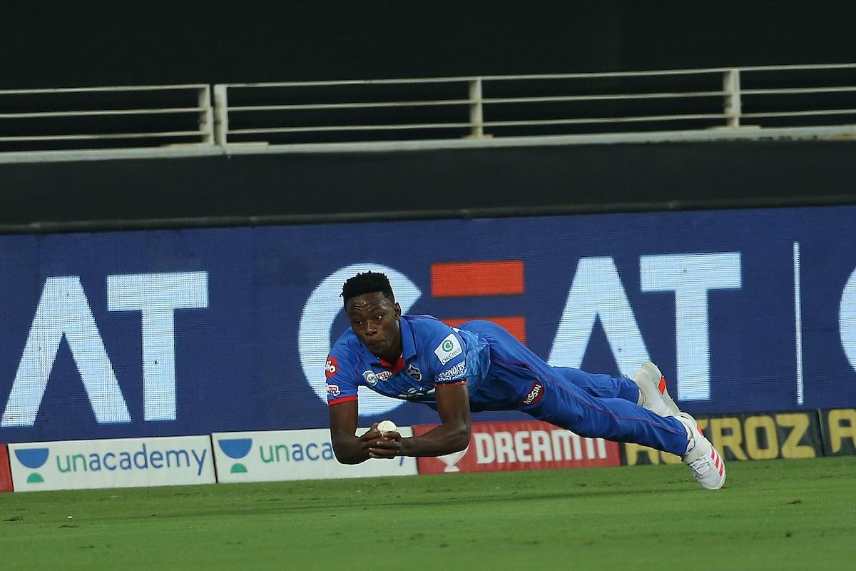 Kagiso Rabada dives to catch to Kieron Pollard and give Ravichandran Ashwin his third wicket.