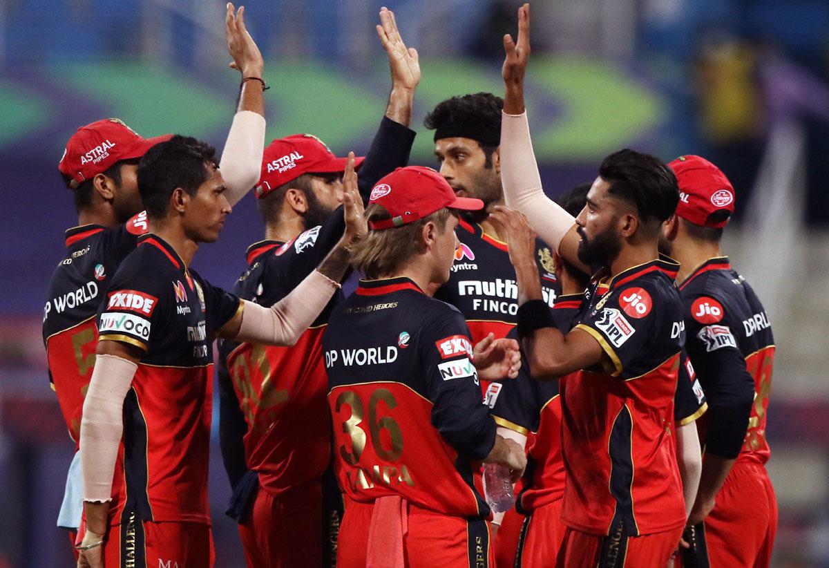 Royal Challengers Bangalore players celebrate after Mohammed Siraj dismisses David Warner