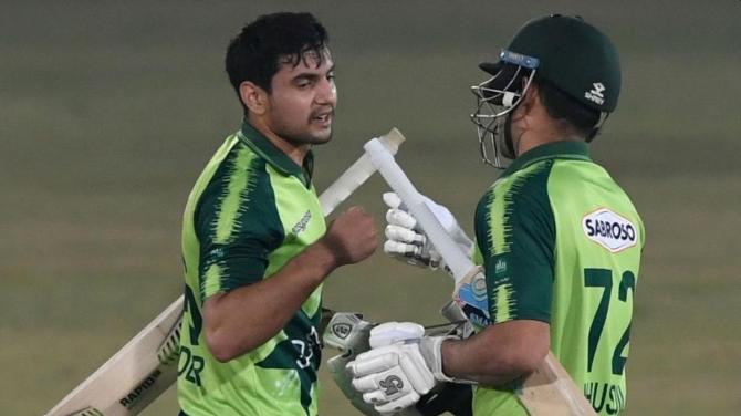 Pakistan's Haider Ali celebrates after their victory over Zimbabwe in Rawalpindi on Sunday