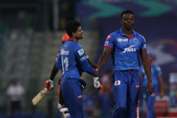 Delhi Capitals pacer Kagiso Rabada is congratulated by skipper Shreyas Iyer after taking the wicket of SunRisers Hyderabad's Rashid Khan during the Indian Premier League Qualifier 2, in Abu Dhabi, on Sunday