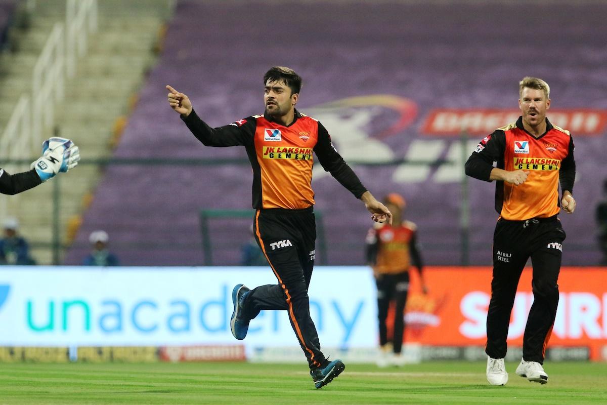 Rashid Khan celebrates after dismissing Marcus Stoinis