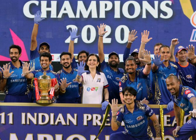 Mumbai Indians players celebrate after beating Delhi Capitals