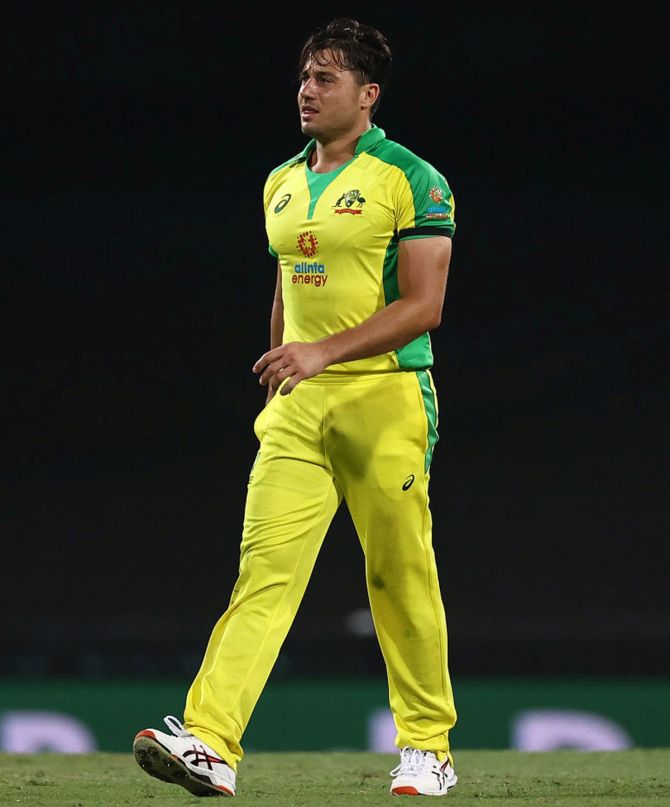 Marcus Stoinis leaves the ground after suffering an injury during the first One-Day International against India at Sydney Cricket Ground on Friday