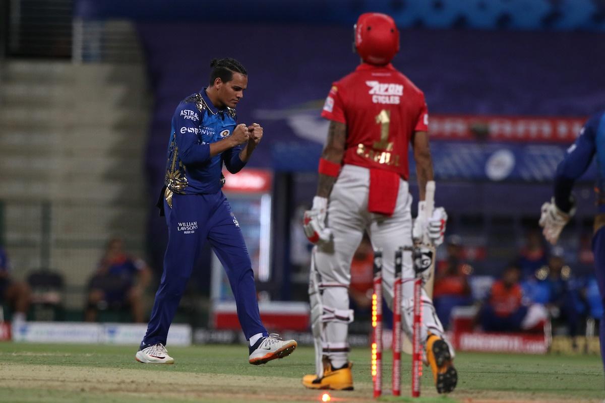 Rahul Chahar celebrates the wicket of Kings XI skipper KL Rahul.