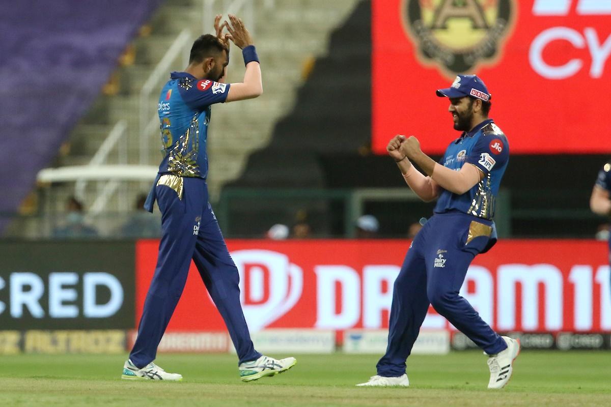 Krunal Pandya celebrates with Rohit Sharma after bowling Karun Nair.