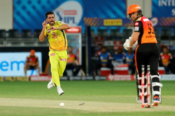 Chennai Super Kings pacer Deepak Chahar celebrates the wicket of Jonny Bairstow.