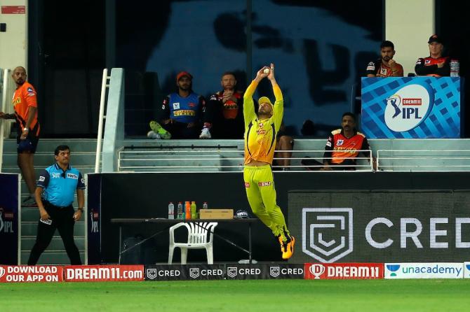 Faf du Plessis pulls off a superb catch on the boundary to dismiss David Warner.