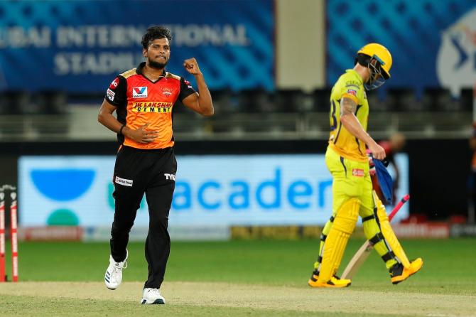 T Natarajan celebrates the wicket of Ambati Rayudu. He finished with figures of 2 for 43 