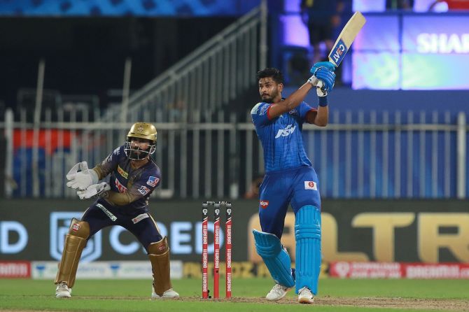 Delhi Capitals skipper Shreyas Iyer hits one into the stands during his unbeaten 38-ball 88 against Kolkata Knight Riders. 