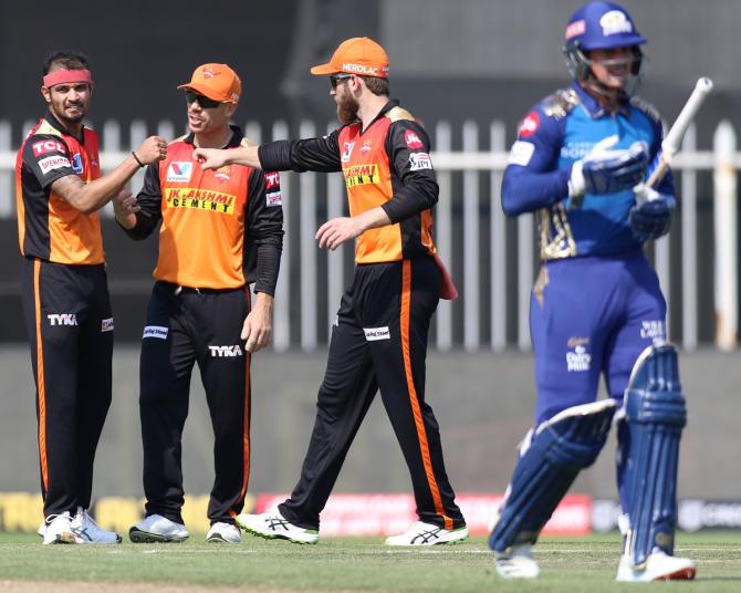 Siddarth Kaul celebrates the dismissal of Suryakumar Yadav. 