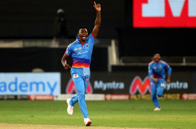 Kagiso Rabada celebrates the dismissal of Royal Challengers Bangalore captain Virat Kohli.