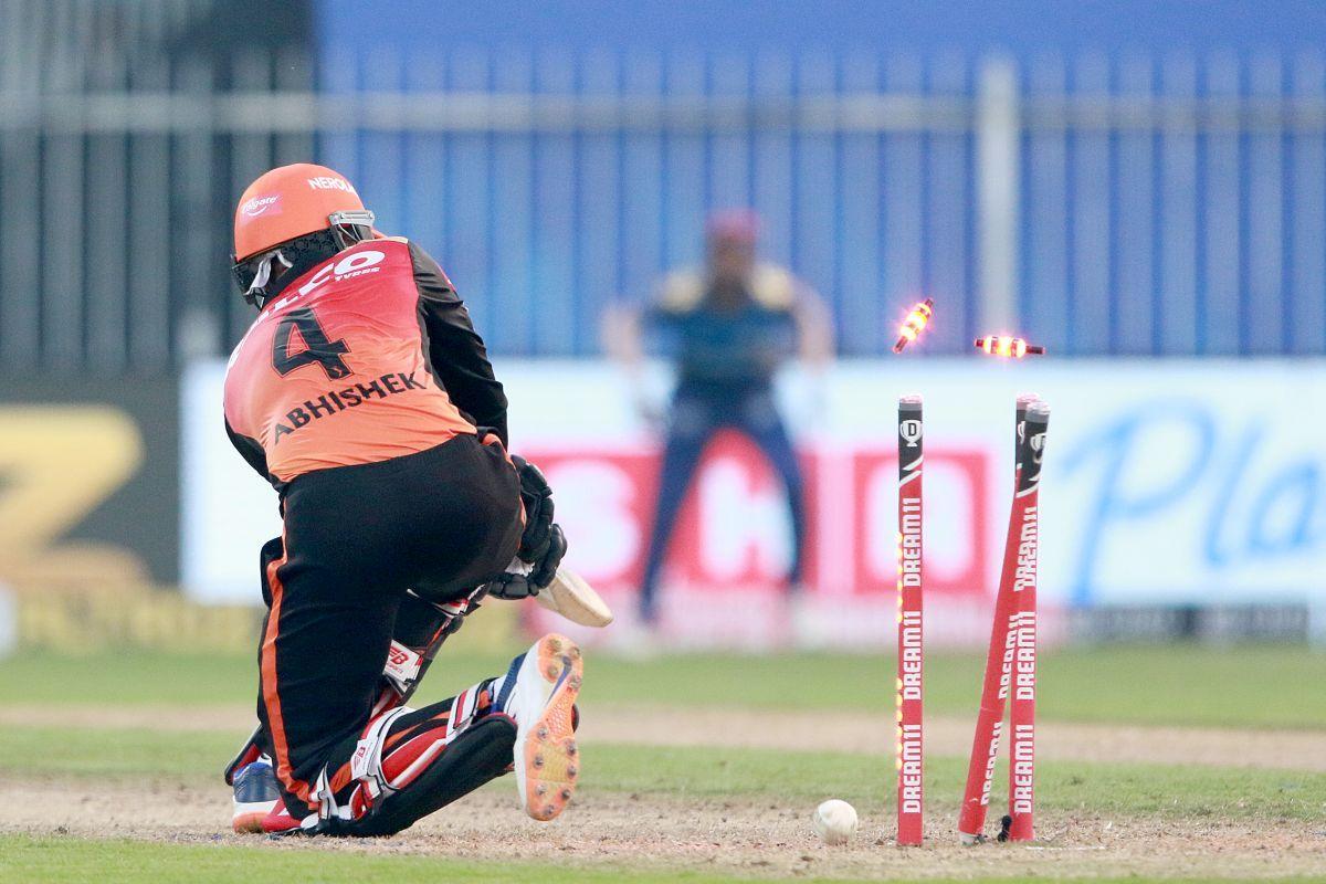 Abhishek Sharma is bowled by Jasprit Bumrah