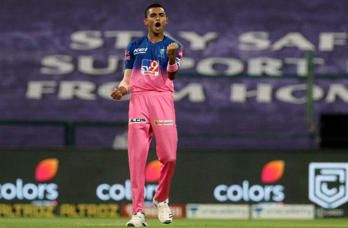 Kartik Tyagi celebrates the wicket of Quinton de Kock