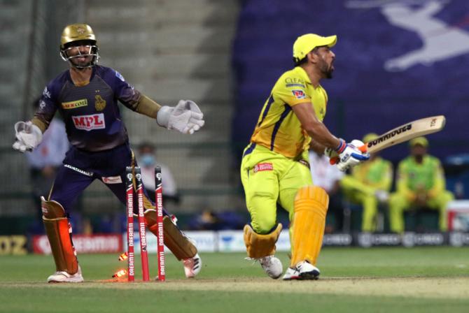 Mahendra Singh Dhoni is bowled by Varun Chakravarthy