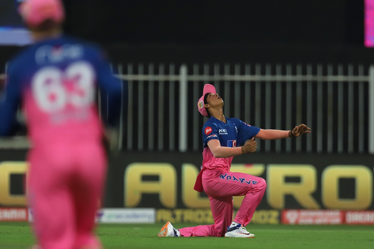 Yashasvi Jaiswal gets under the ball to catch Shikhar Dhawan