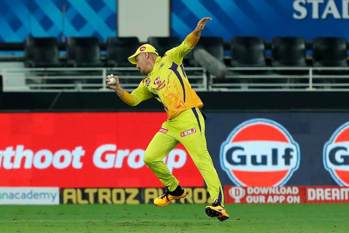 Faf du Plessis takes the catch to dismiss Devdutt Padikkal.