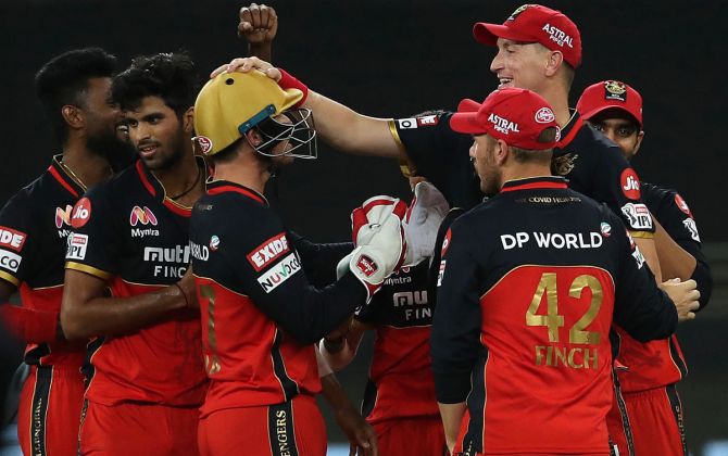 Royal Challengers Bangalore's players celebrate the wicket of Faf du Plessis