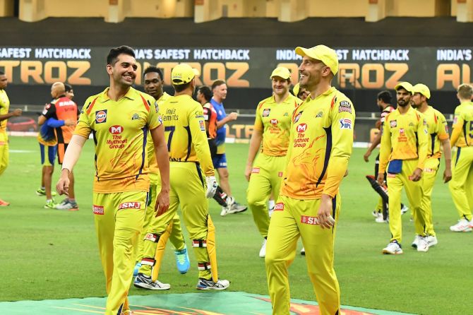 The Chennai Super Kings players are all smiles after victory over SunRisers Hyderabad in the IPL match in Dubai, on Tuesday