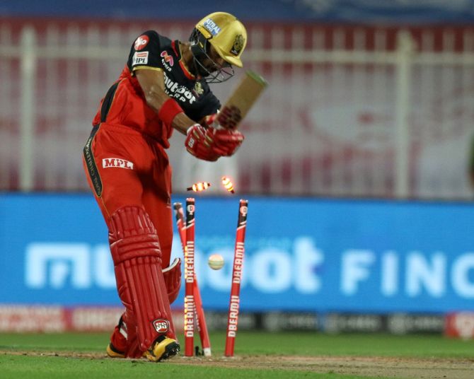Devdutt Padikkal is bowled by Andre Russell