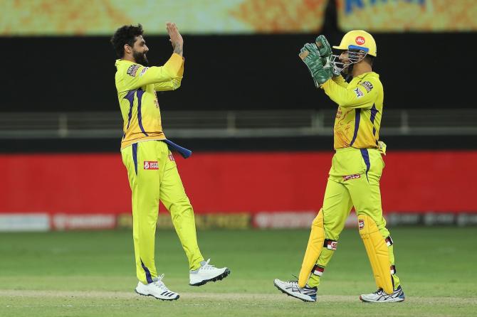 Ravindra Jadeja celebrates with skipper Mahendra Singh Dhoni after dismissing Jonny Bairstow.