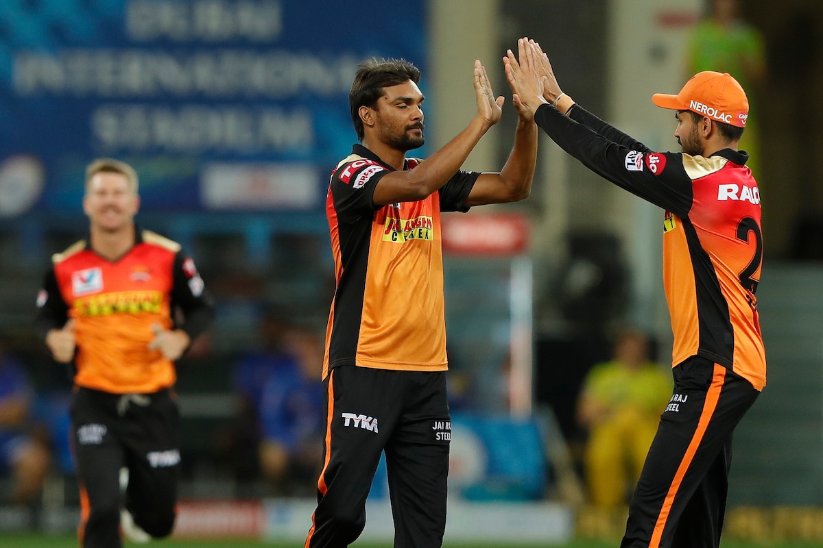 SunRisers Hyderabad pacer Sandeep Sharma  celebrates the dismissal Faf du Plessis.