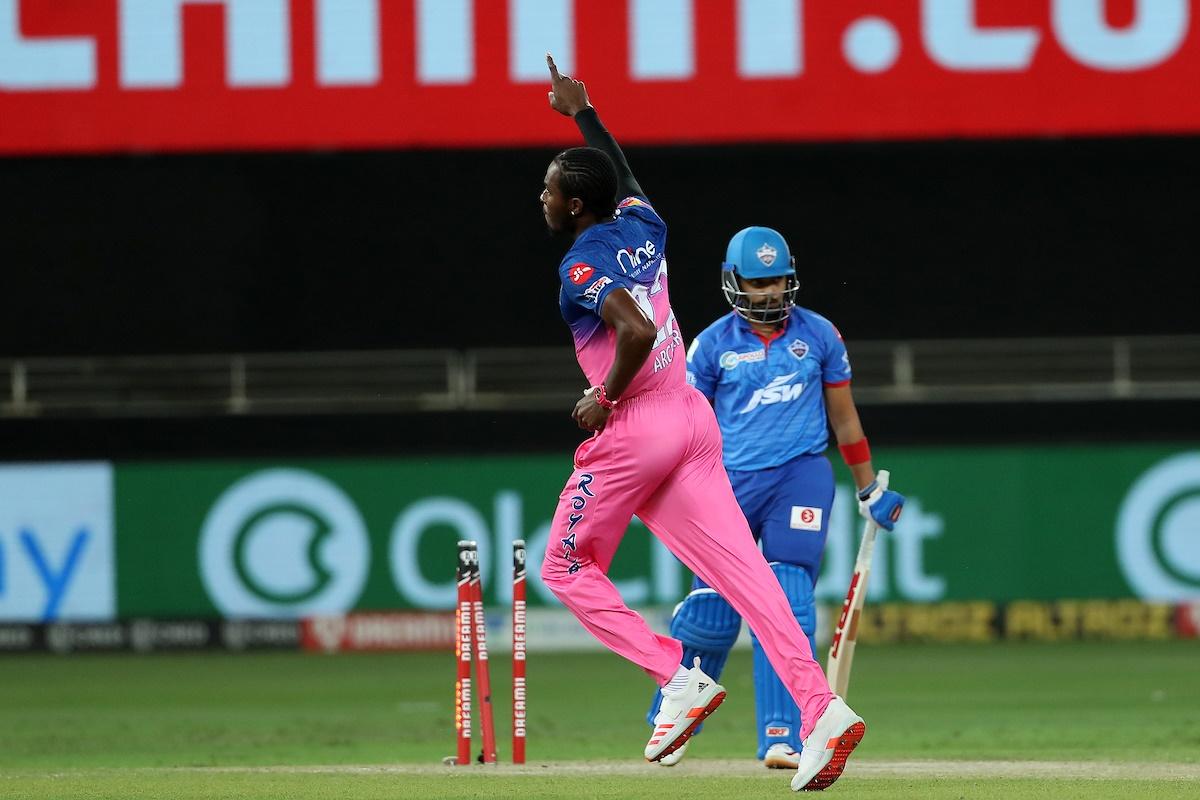 Jofra Archer celebrates the wicket of Prithvi Shaw.