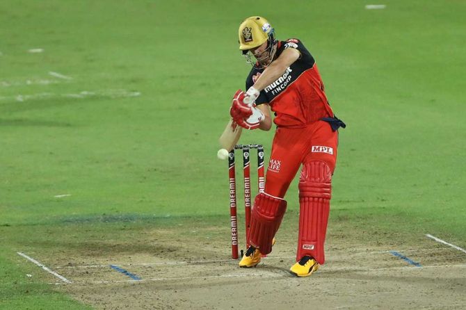 AB de Villiers of Royal Challengers Bangalore during the against Kolkata Knight Riders at the Sharjah Cricket Stadium