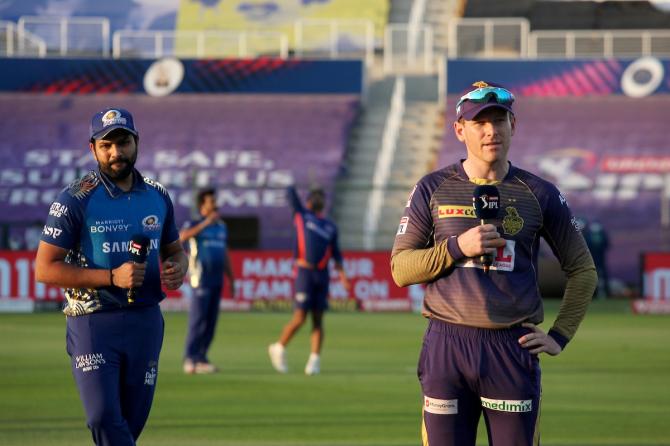 Kolkata Knight Riders skipper Eoin Morgan and Mumbai Indians skipper Rohit Sharma speak ahead of their IPL match at the Sheikh Zayed Stadium, in Abu Dhabi, on Friday.