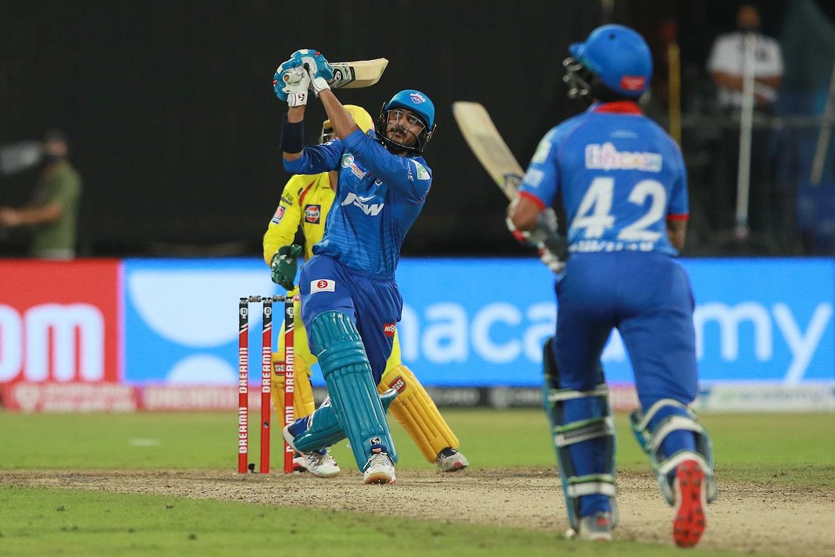 Axar Patel sends one of the three sixes he hit into the stands.