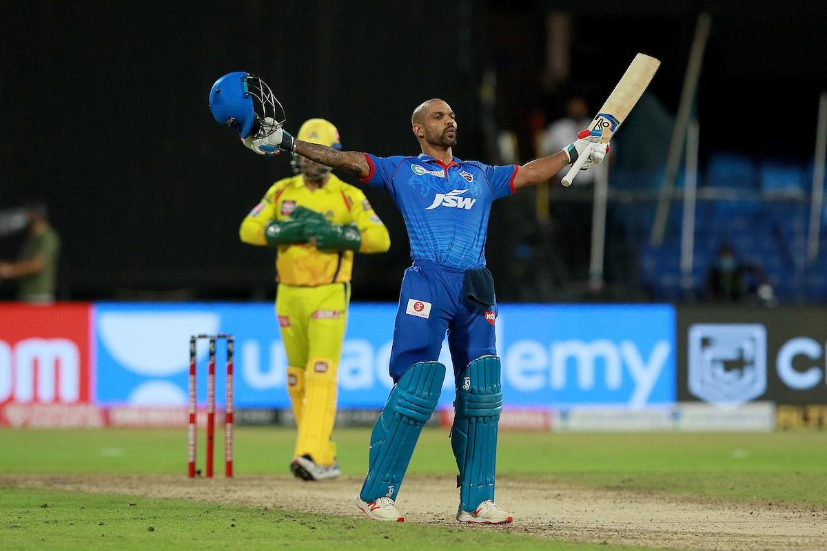 Delhi Capitals opener Shikhar Dhawan celebrates after his match-winning knock against Chennai Super Kings