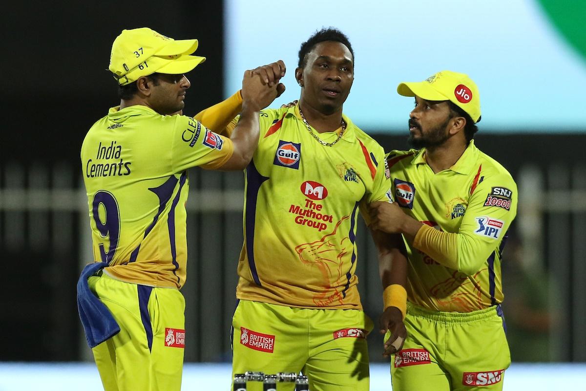 Chennai Super Kings pacer Dwayne Bravo celebrates after dismissing Delhi Capitals skipper Shreyas Iyer 