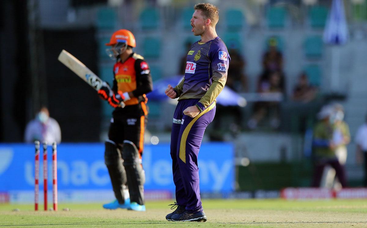 Lockie Ferguson celebrates the wicket of Priyam Garg