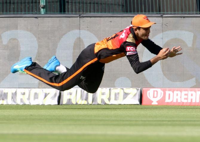 Priyam Garg takes the catch to dismiss KKR opener Shubman Gill