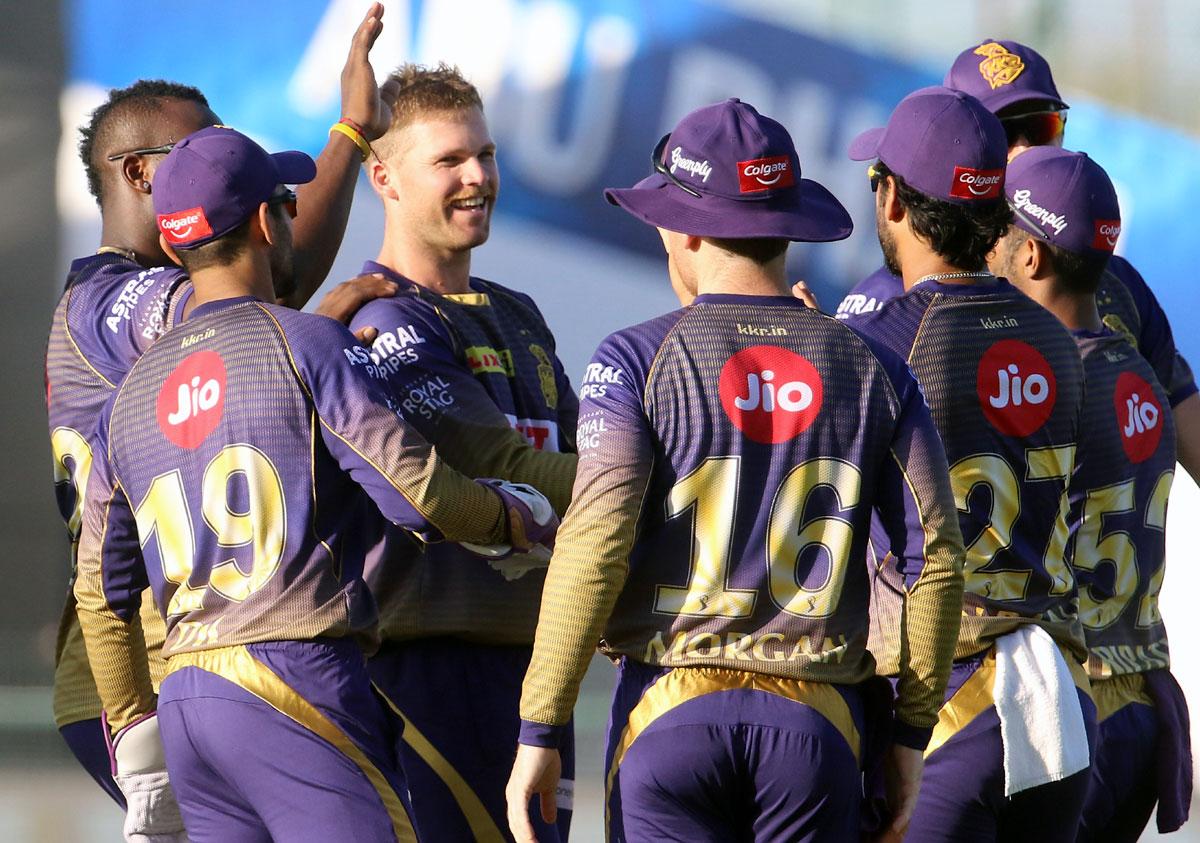 KKR players celebrate after Lockie Ferguson dismisses Kane Williamson