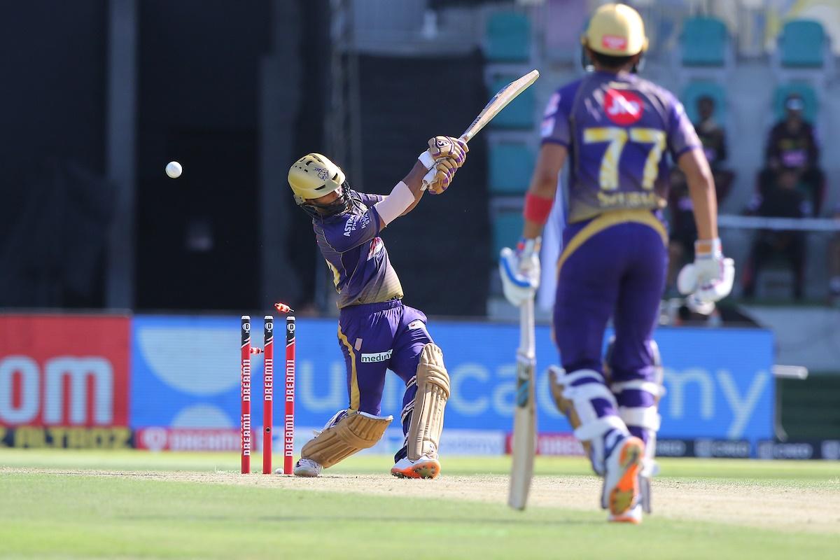 Kolkata Knight Riders batsman Rahul Tripathi is bowled by Thangarasu Natarajan, not in picture, during the IPL match against SunRisers Hyderabad, in Abu Dhabi, on Sunday