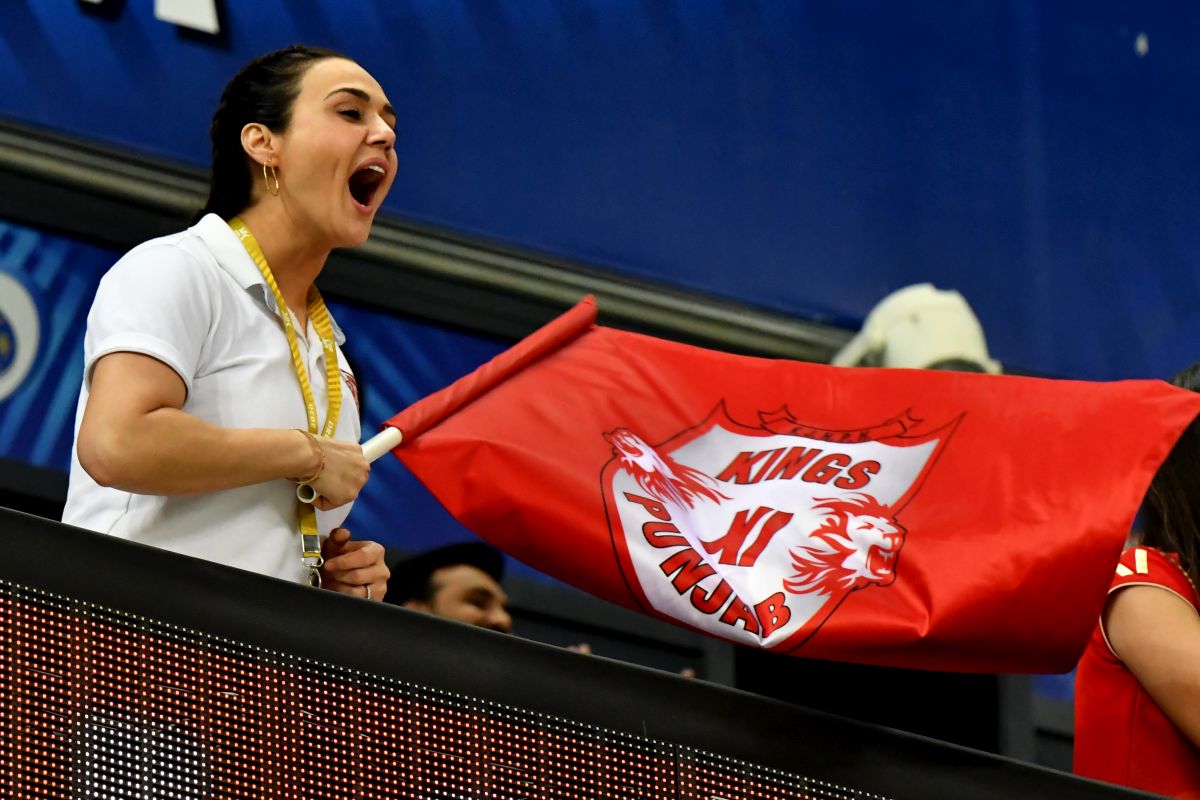 Kings XI Punjab co-owner Preity Zinta cheers her team on during their match against Mumbai Indians on Sunday