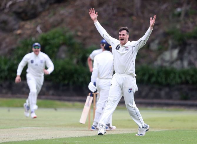 Auckland's Ben Lister celebrates a wicket during day one of the Plunkett Shield match between the Auckland Aces and the Otago Volts at Eden Park Outer Ovals in Auckland on Tuesday. Lister was bought in the team in place of teammate Mark Chapman.