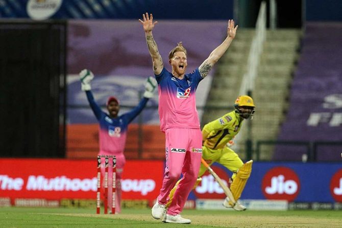 Ben Stokes of Rajasthan Royals appeals against the Chennai Super Kings at the Sheikh Zayed Stadium