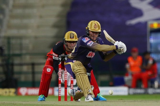 Captain Eoin Morgan's 30 off 34 balls was the only bright spot in Kolkata Knight Riders's innings during Wednesday's IPL match against Royal Challengers Bangalore in Abu Dhabi. 