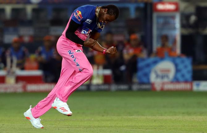 Jofra Archer celebrates after dismissing Jonny Bairstow