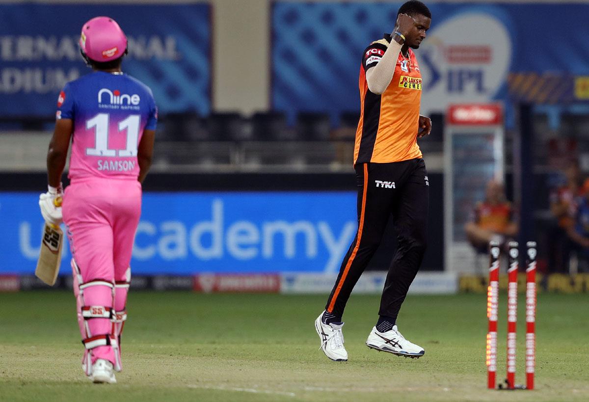 SunRisers Hyderabad pacer Jason Holder celebrates the wicket of Sanju Samson