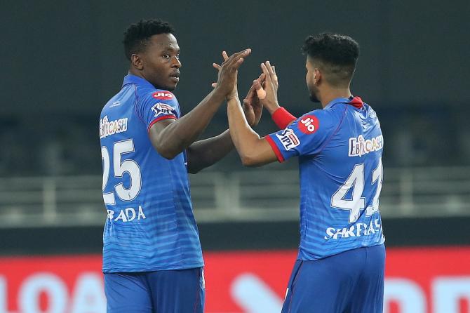 Delhi Capitals pacer Kagiso Rabada and skipper Shreyas Iyer celebrate the fall of a wicket