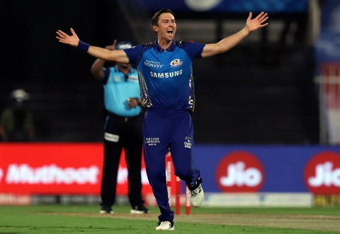 Trent Boult celebrates after taking the wicket of Faf du Plessis