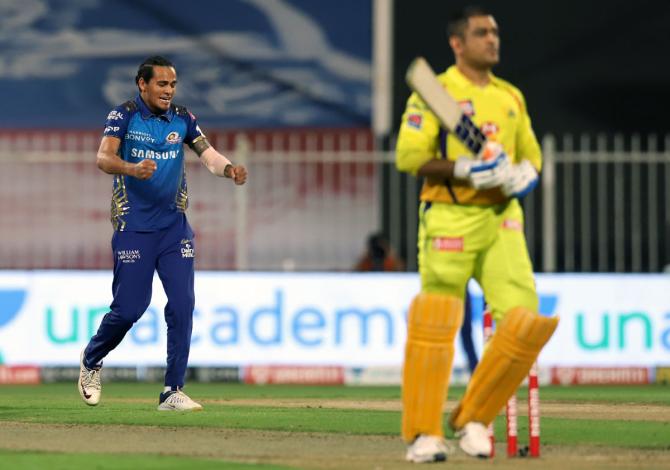 Rahul Chahar celebrates the wicket of Mahendra Singh Dhoni