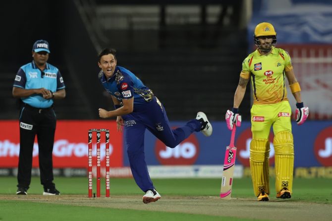 Mumbai Indians pacer Trent Boult during his match-winning spell against Chennai Super Kings in the IPL match in Sharjah on Friday.
